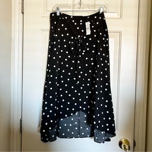Ann Taylor Womens Faux Wrap Midi Skirt High Low Black White Polka Dot _ size 8